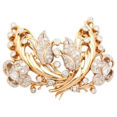 Floral Motif Diamond and Gold Double Clip / Brooch 18 Karat