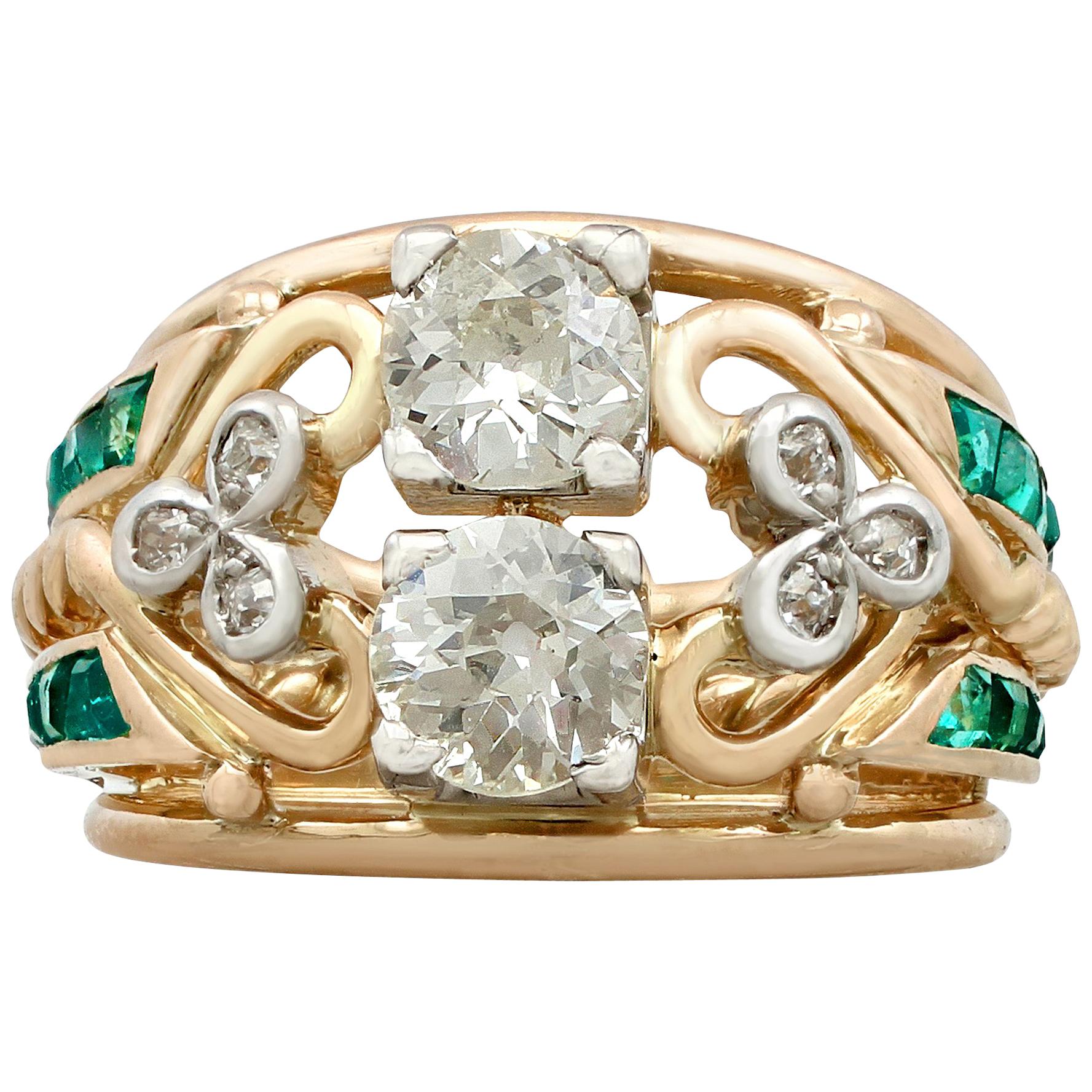 1940s Emerald and 1.26 carat Diamond Yellow Gold Cocktail Ring Size J1/2 US 5