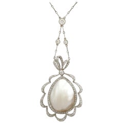 Antique 1910s Blister Pearl and 2.65 carat Diamond Platinum Necklace