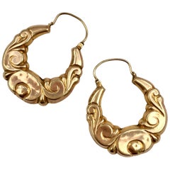 1970s Hoops Gold Vintage Jewelry Creole Style Decorative Hoop Earrings 9 Karat