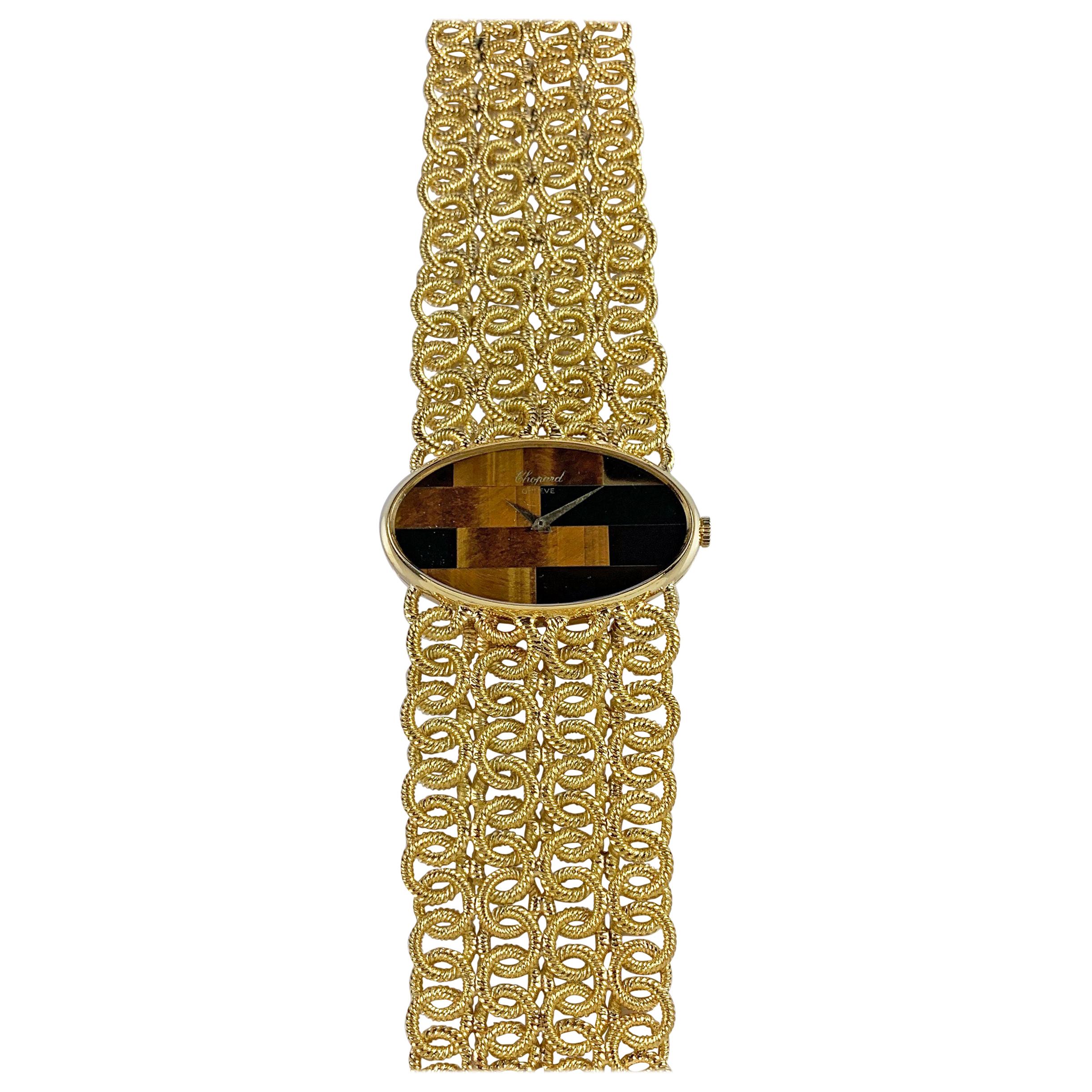 Chopard 18 Karat Yellow Gold Tiger's Eye Bracelet Watch, 1970s For Sale