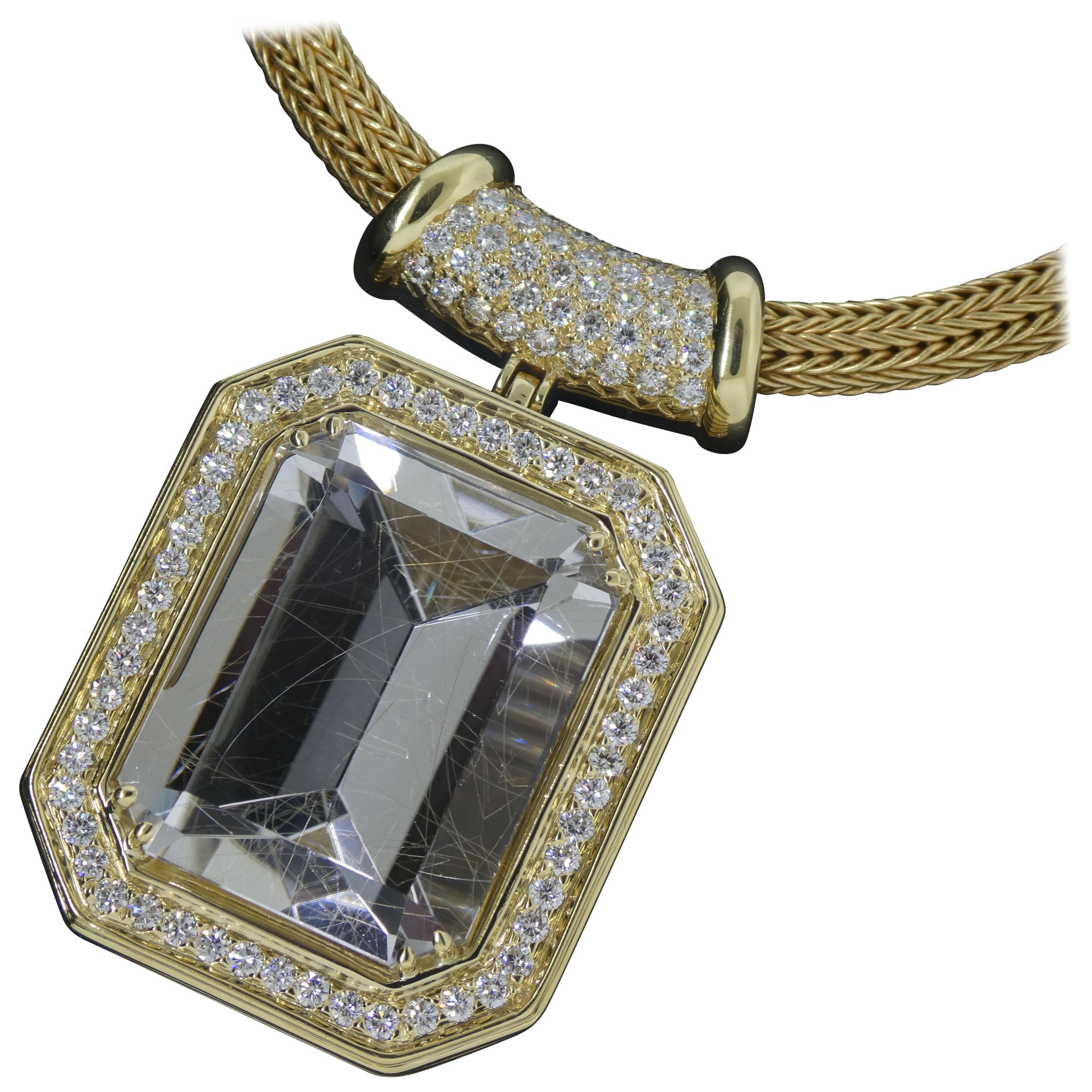18 Karat Yellow Gold, Rutile Quartz ‘55.37 Carat’, Diamond ‘4.18 Carat’ Necklace For Sale