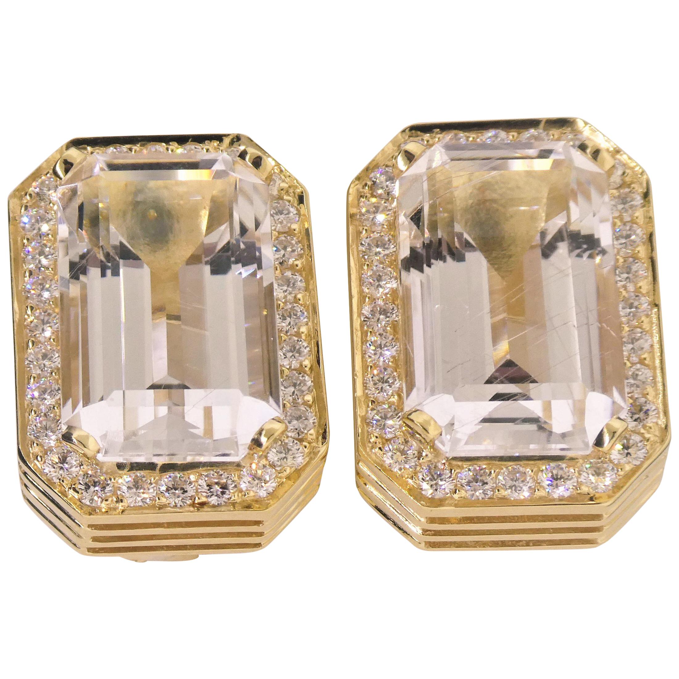 18 Karat Yellow Gold, Rutile Quartz 27.31 Carat and Diamond 1.91 Carat Earring For Sale