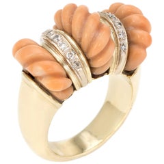 Vintage Fluted Coral Diamond Ring 14 Karat Gold Cocktail Dome Estate Jewelry