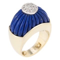 Vintage Fluted Lapis Lazuli Diamond Ring 14 Karat Gold Domed Estate Jewelry
