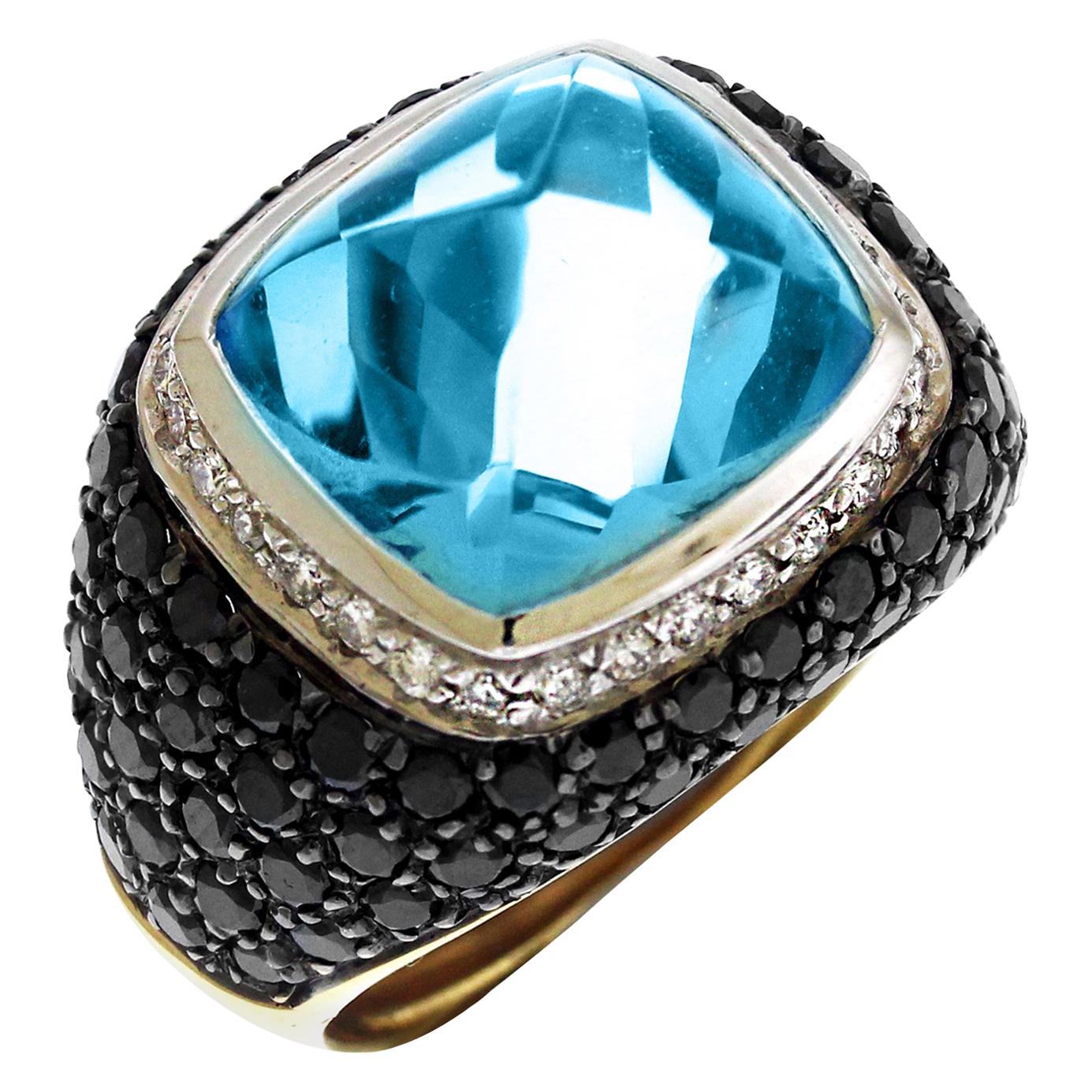 Casato Cushion Cut Blue Topaz Black White Diamonds 18K Gold Dome Ring