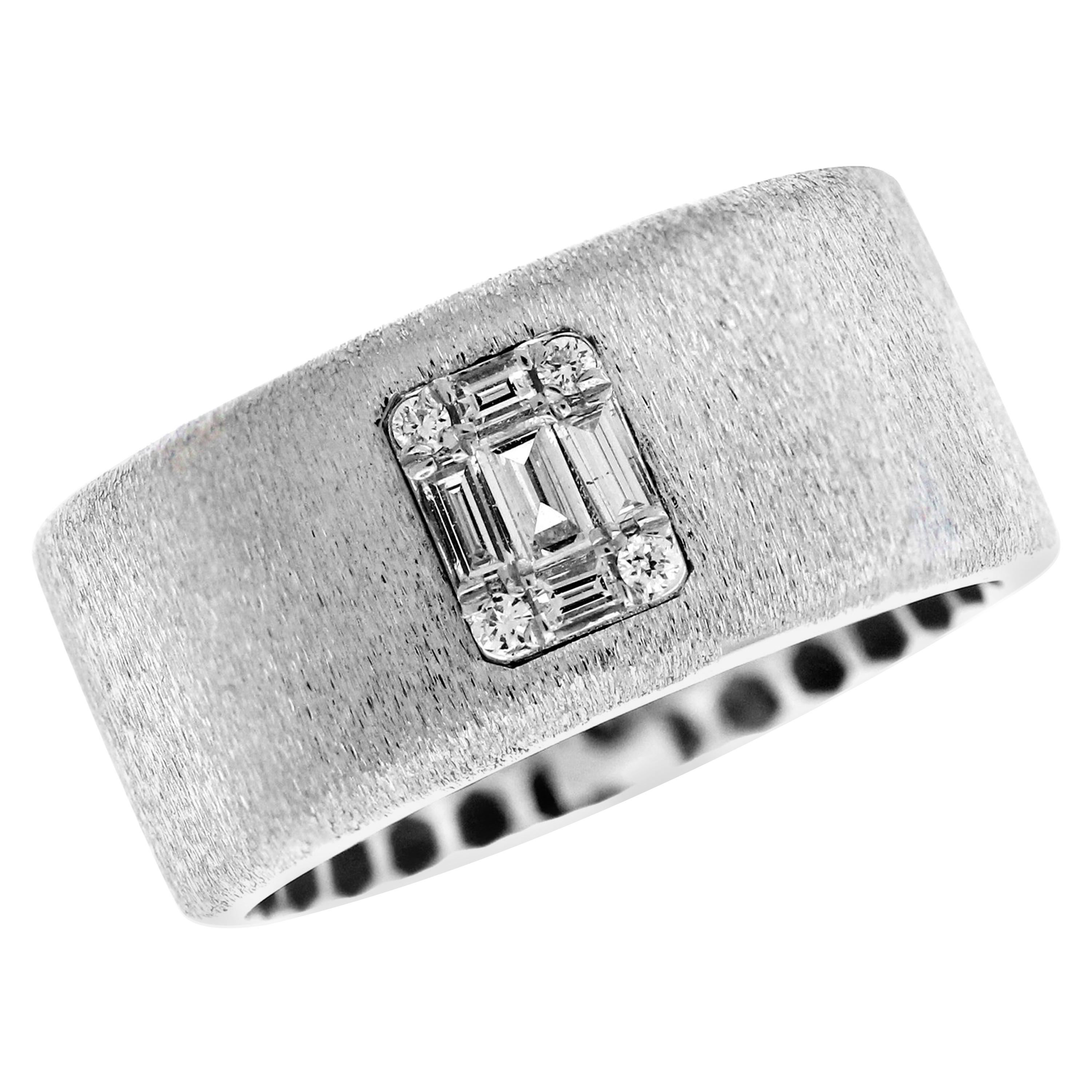 White Gold Matte Brushed Finish and Baguette Diamond Band Ring