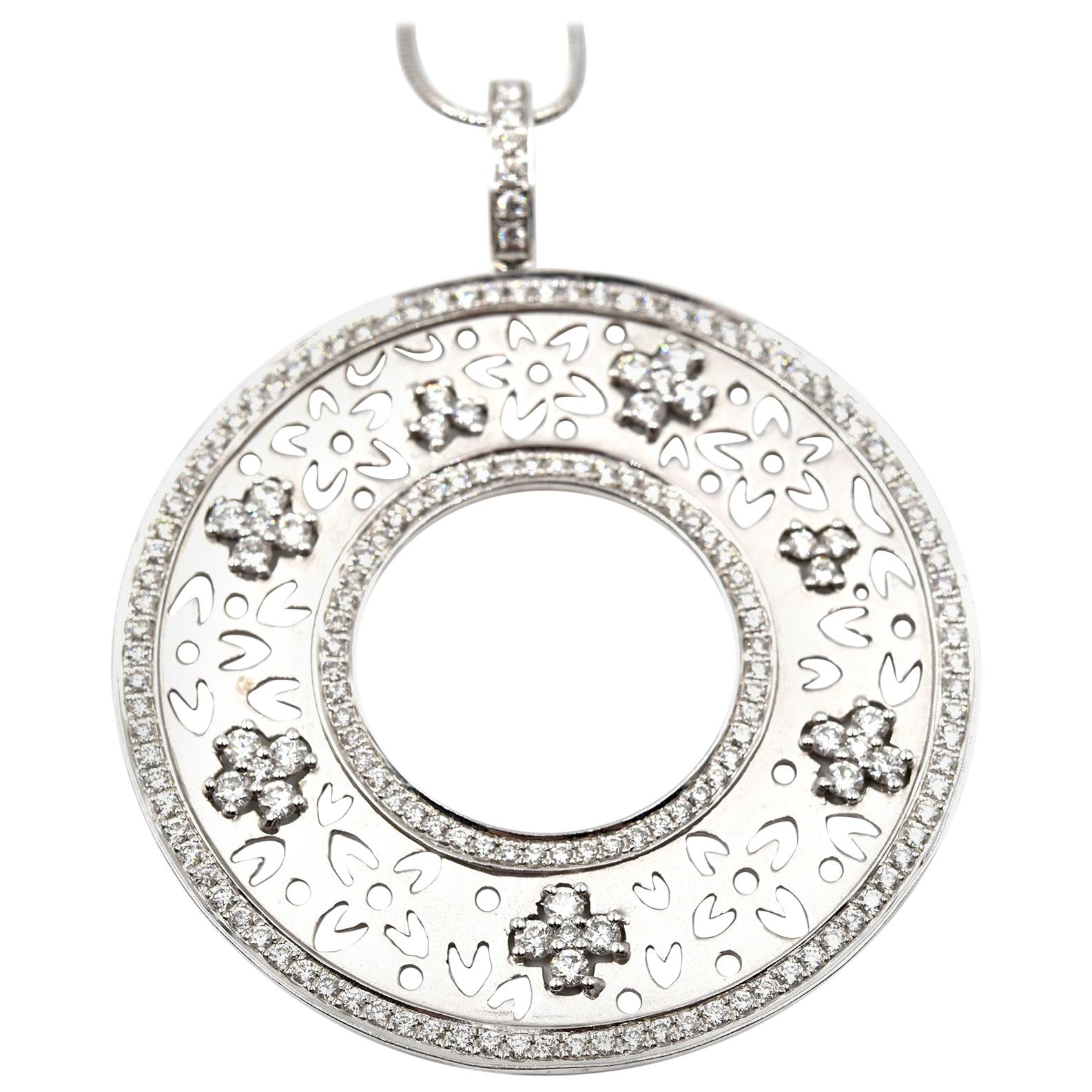 1.52 Carat Diamond Floral Pendant 14 Karat White Gold Necklace For Sale