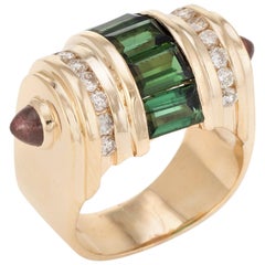 Vintage Gemstone Dome Ring 14 Karat Gold Pink Green Tourmaline Diamond Estate