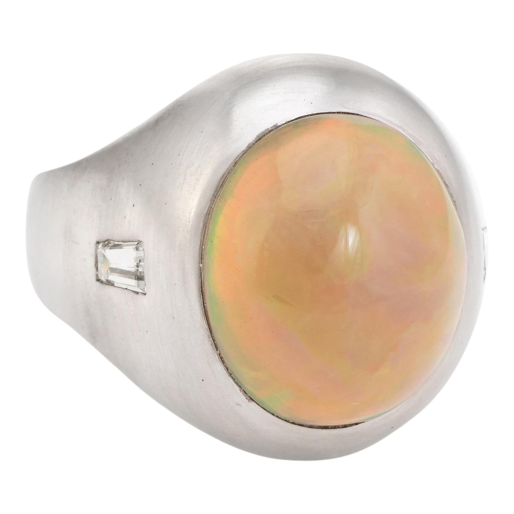 Vintage Men's Natural Opal Diamond Ring 14 Karat White Gold Estate Fine Jewelry For Sale