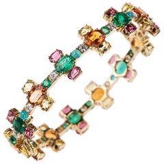 Nikos Koulis 18 Karat Yellow Gold Emerald Orange Sapphire Tourmaline Bracelet