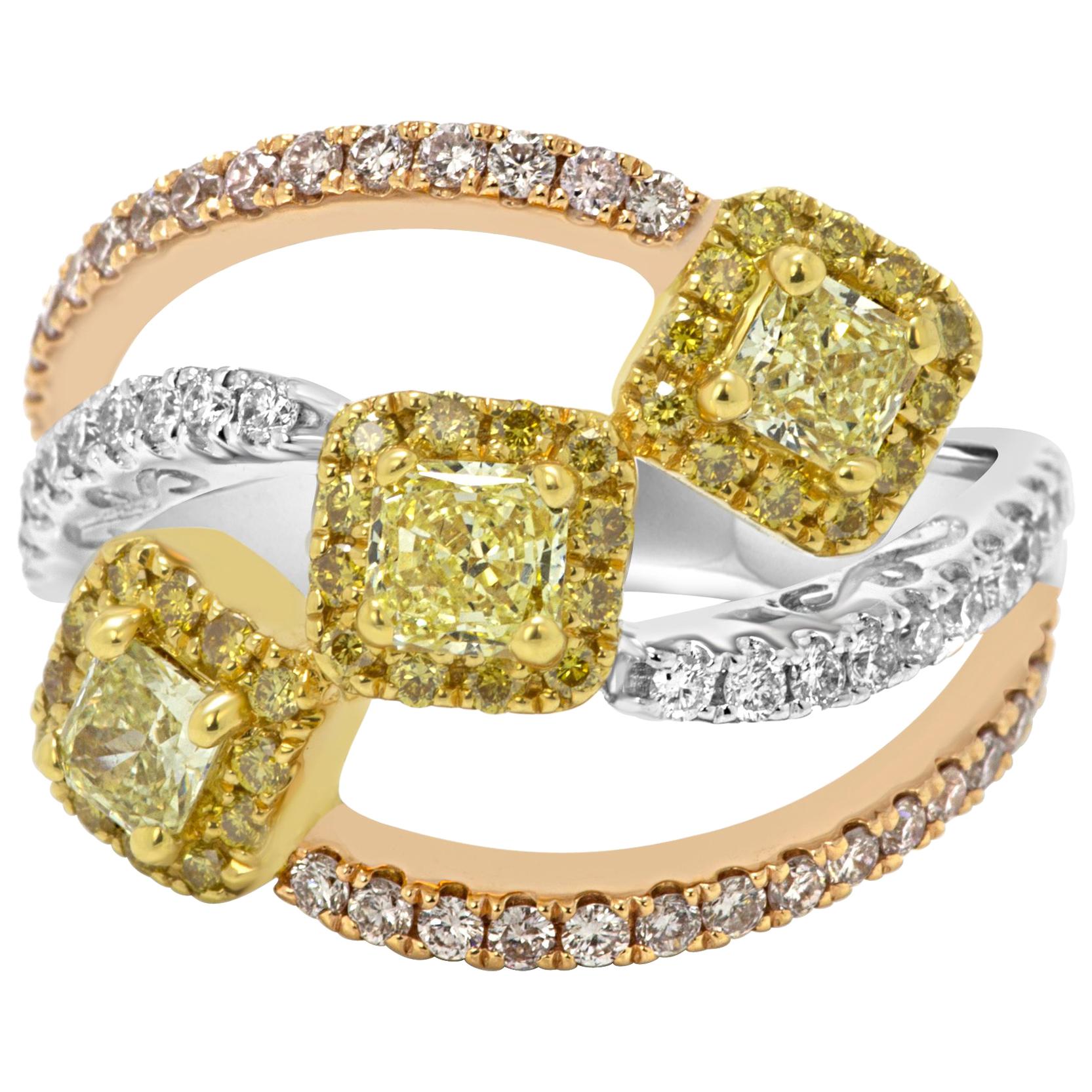 Natural Fancy Yellow and Pink Diamond White Diamond Three-Color Gold Halo Ring