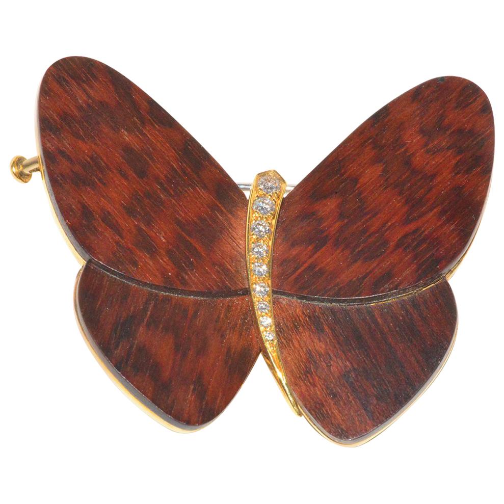 Large 1990s Van Cleef ‘VCA’ Wood Butterfly Brooch with Diamond Accents