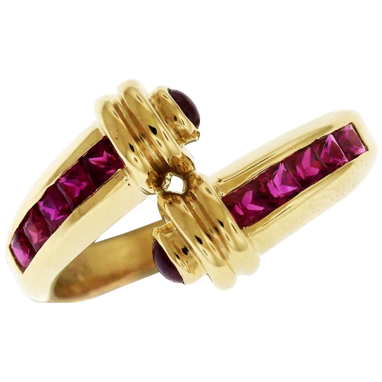 Yellow Gold Ruby and Cabochon Crossover Ring