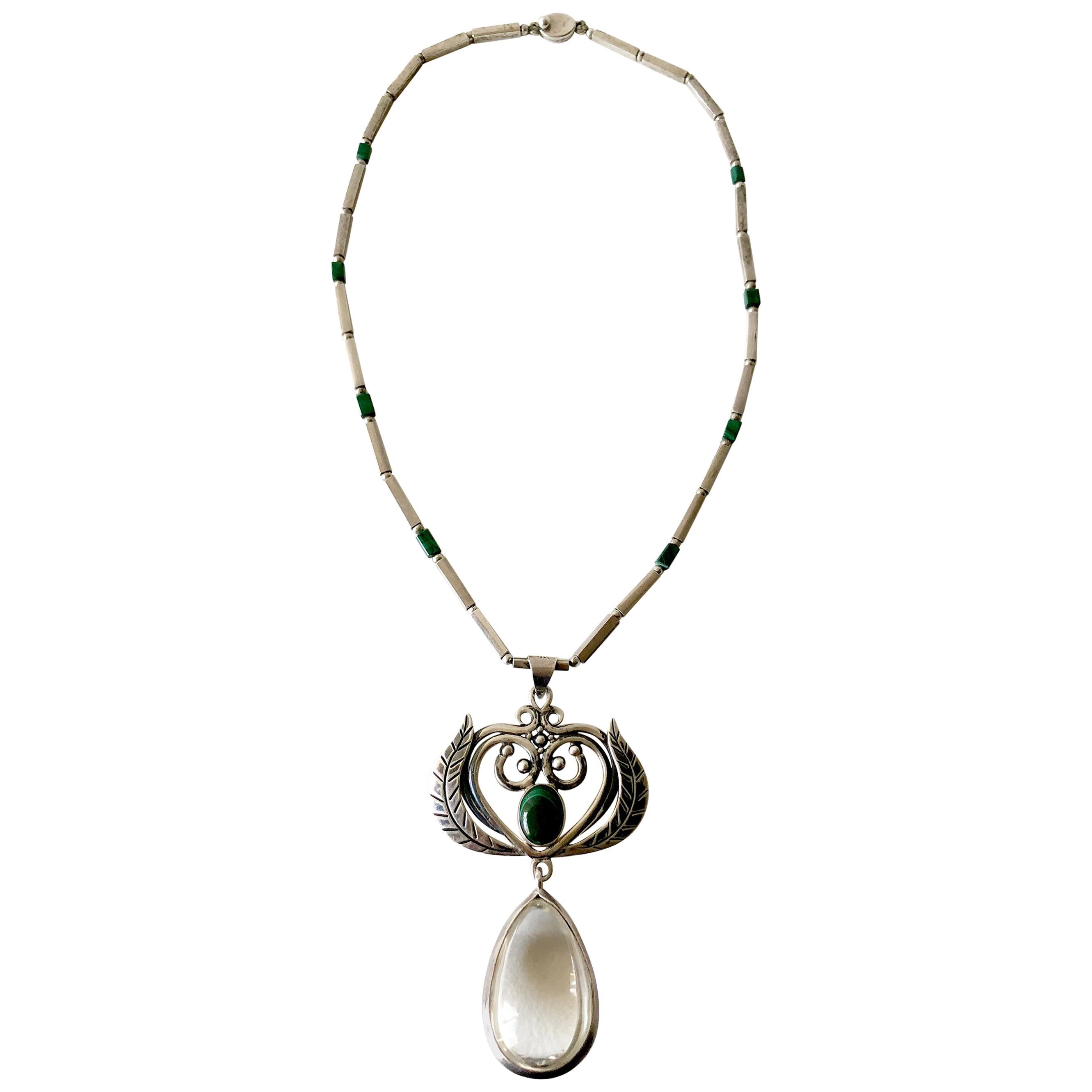 Los Castillo, rare collier moderne mexicain en argent sterling avec malachite et cristal de roche en vente