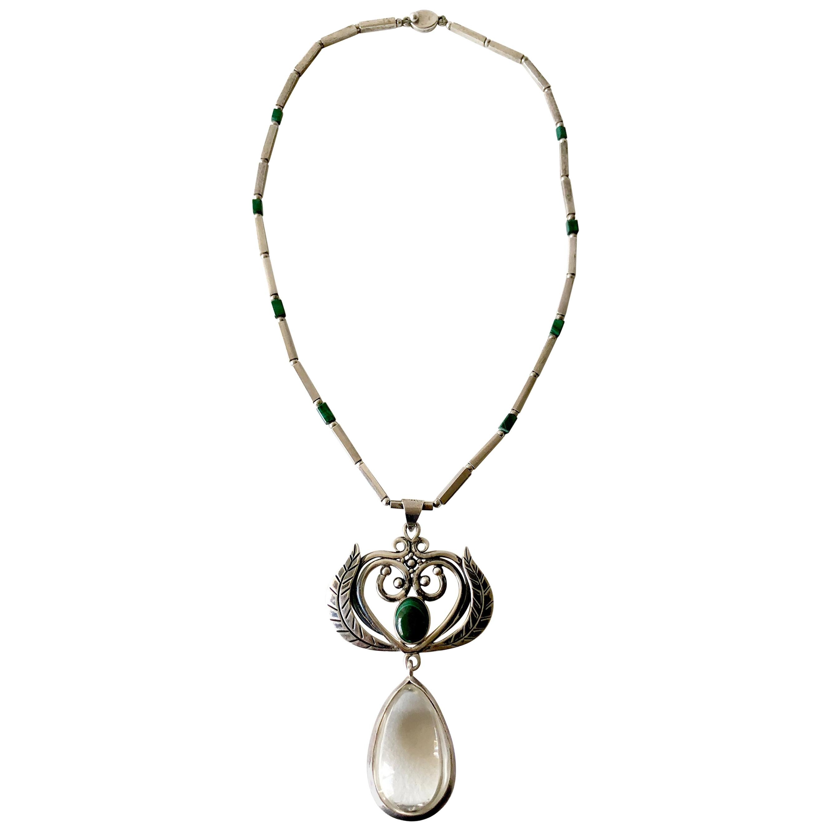 Rare Los Castillo Sterling Silver Rock Crystal Malachite Mexican Modern Necklace For Sale