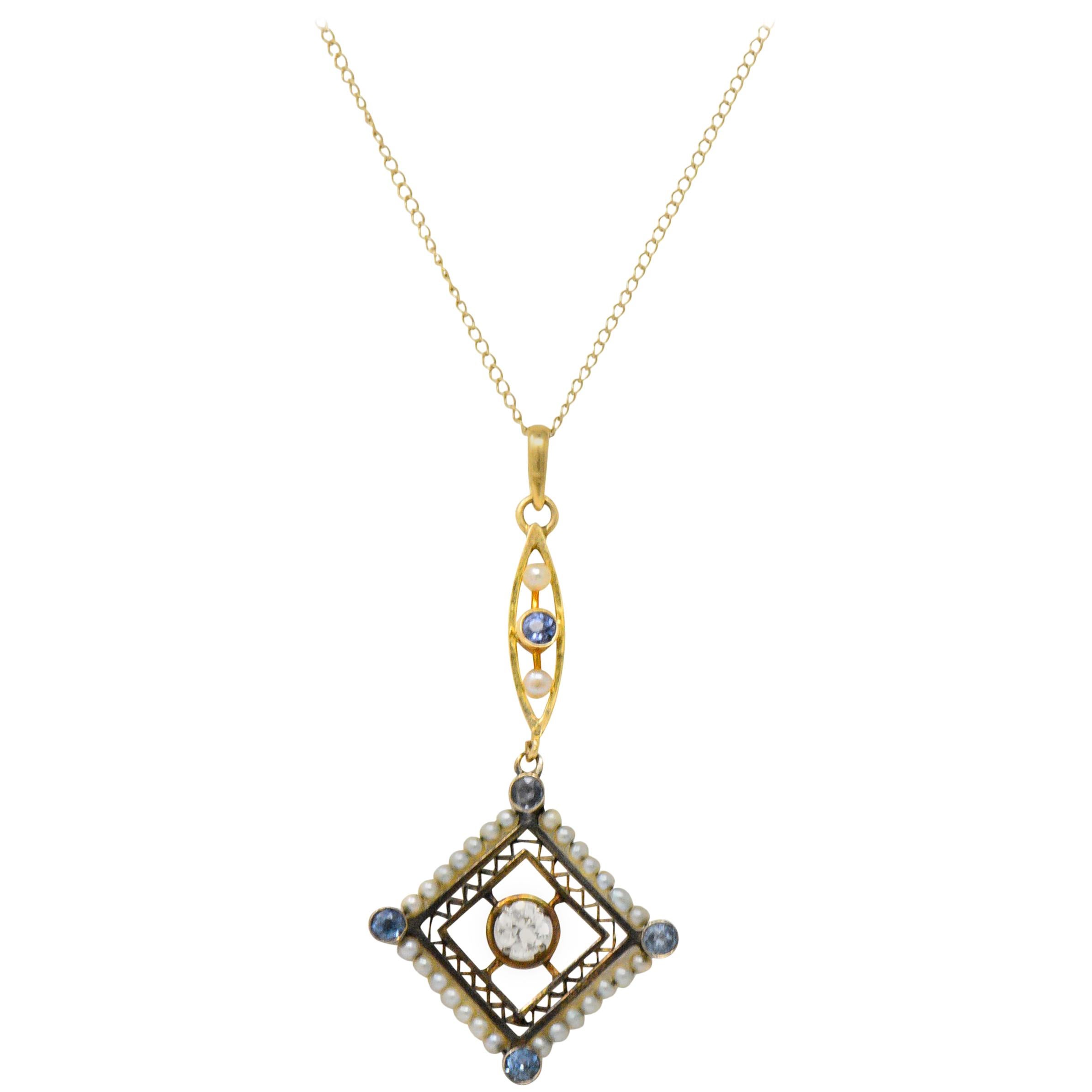 Victorian Diamond Sapphire Seed Pearl 14 Karat Gold Pendant Necklace