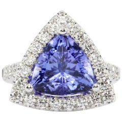 White Gold 4 Carat Trillion Cut Tanzanite and Diamond Halo Ring