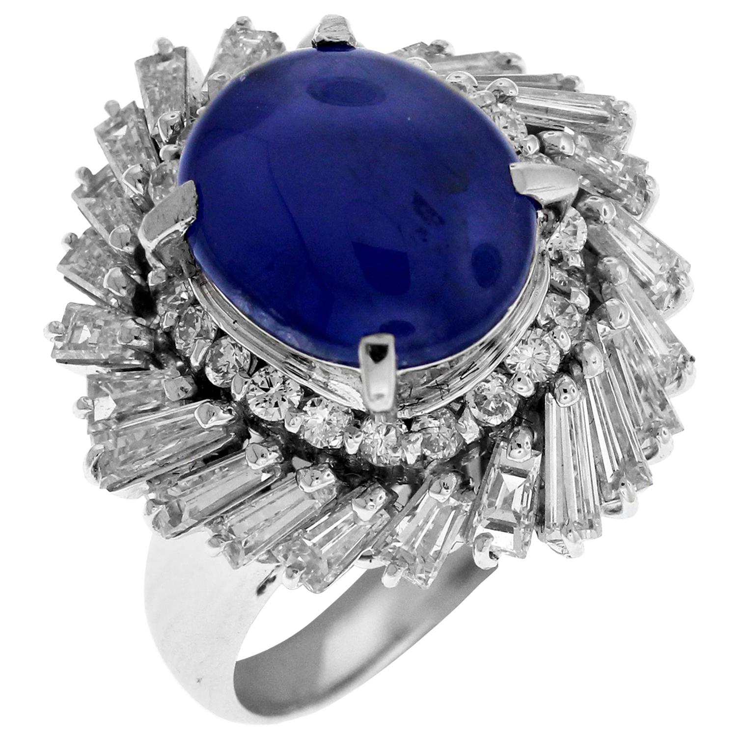Blue Sapphire Ring Cabochon with Baguette Diamonds Platinum