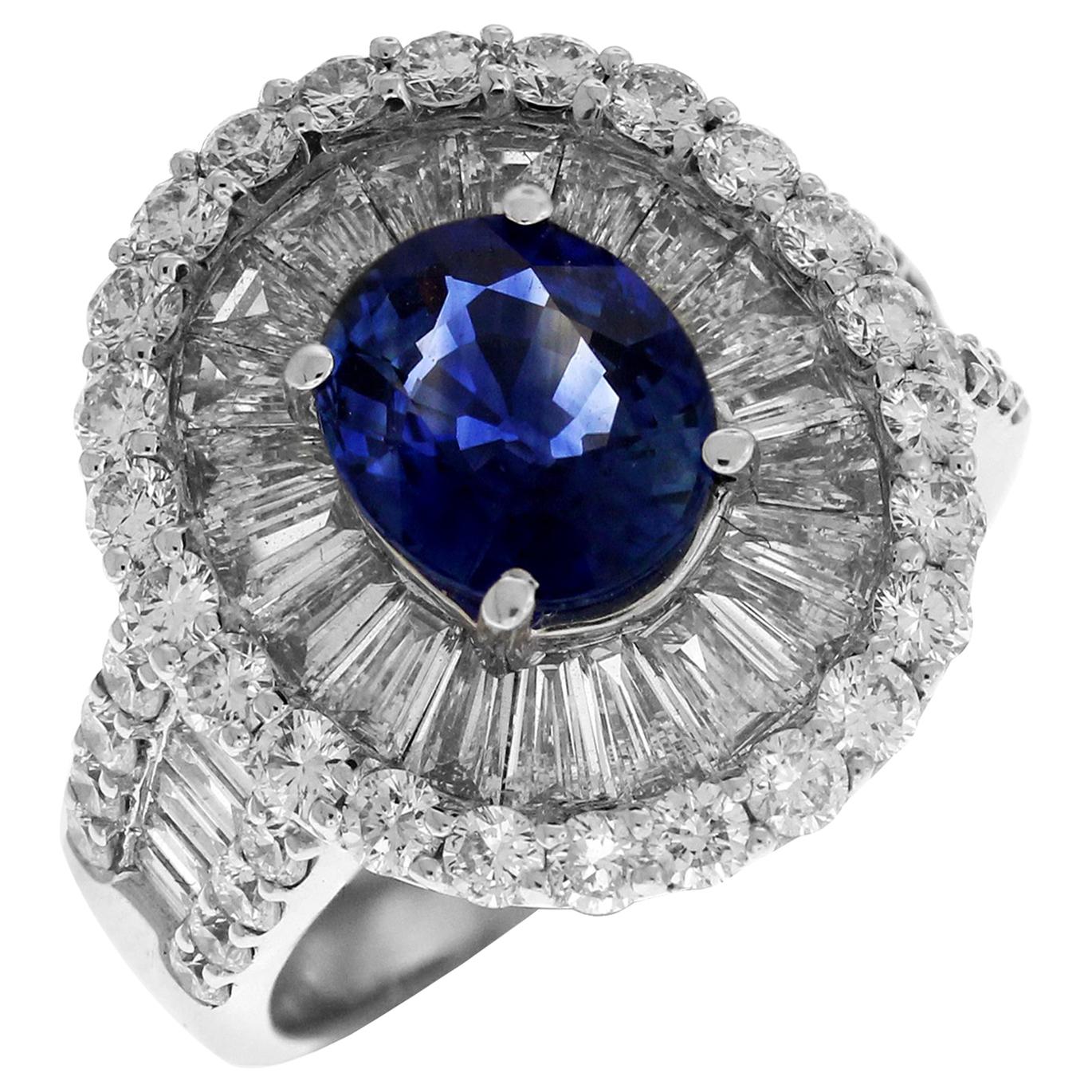 Blue Sapphire Ring with Baguette and Round Diamonds White Gold