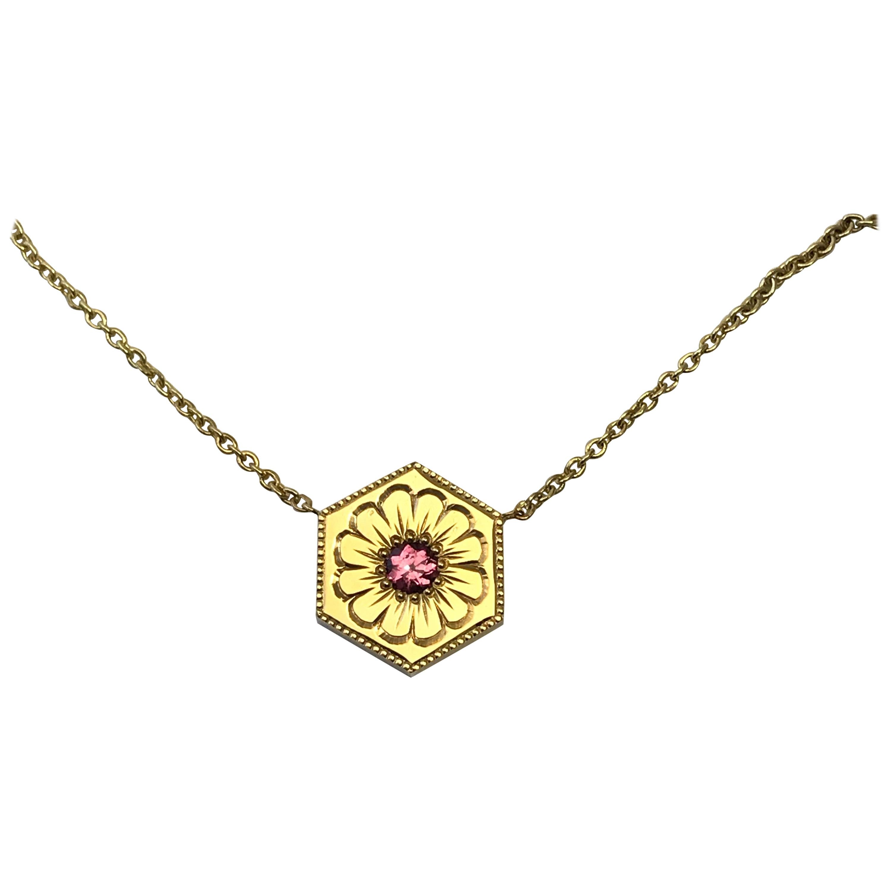 Hexagon Necklace in 14 Karat Gold and Gems-Sapphire For Sale