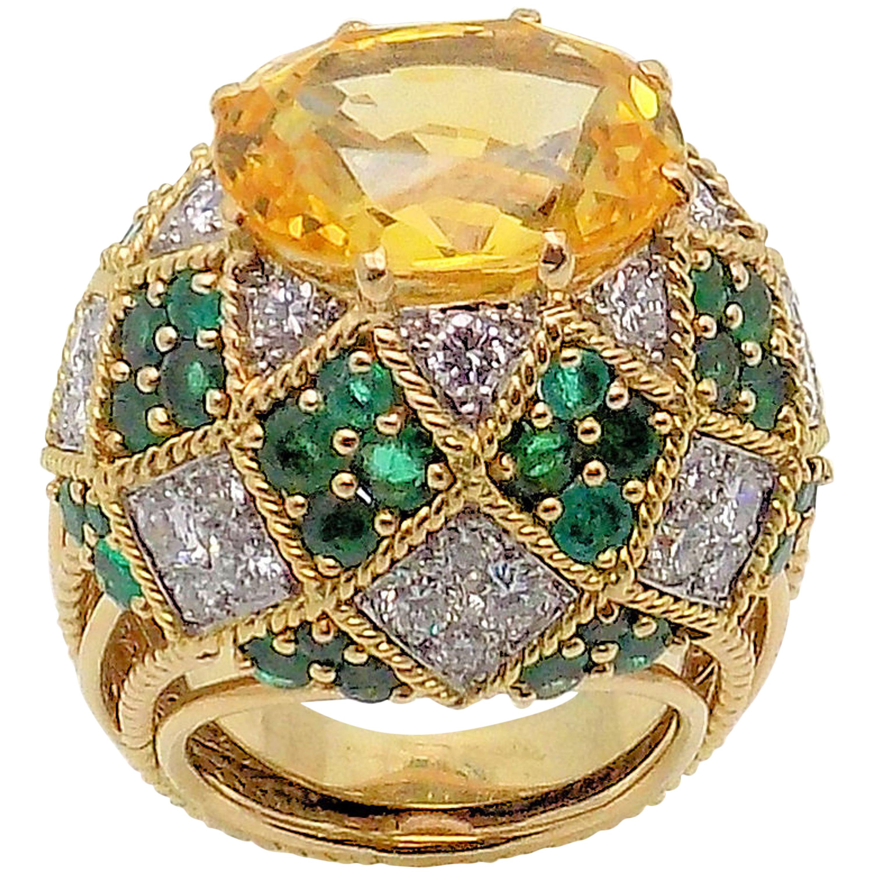 Yellow Sapphire, Emeralds and Diamond Dome Ring For Sale