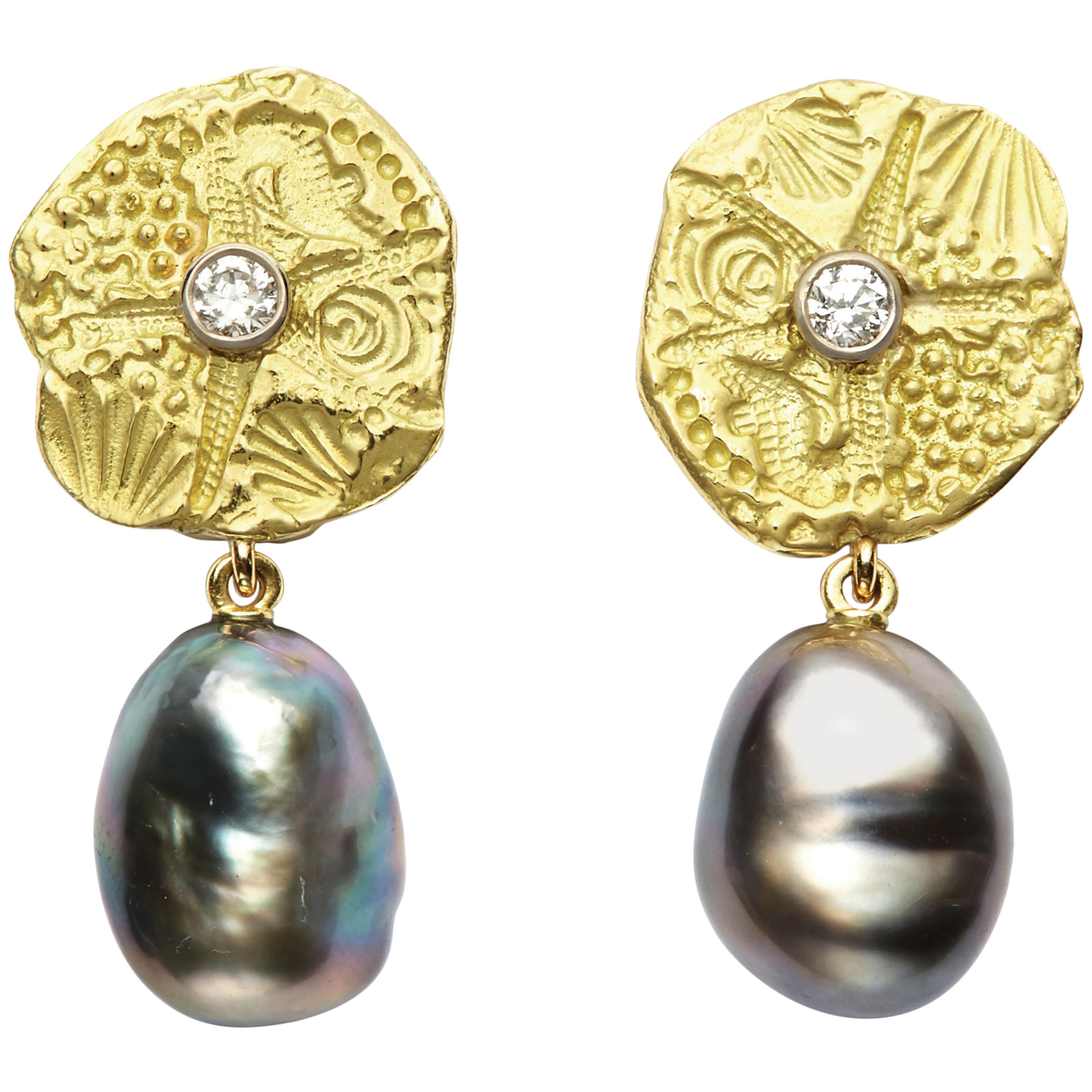 Susan Lister Locke 18K Gold Starfish Disc & Diamond Earrings with Baroque Pearls For Sale