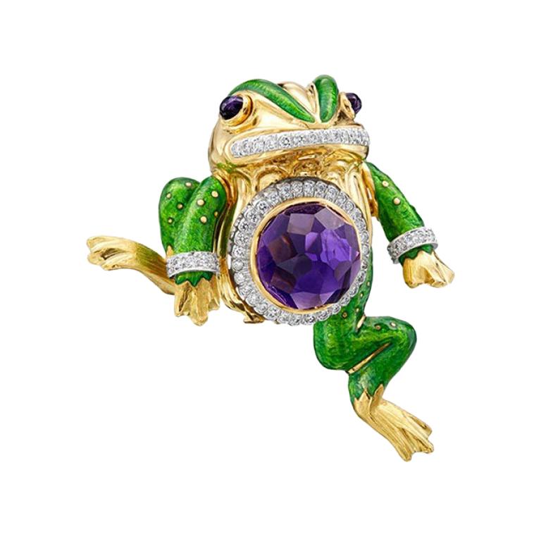 David Webb 18K Gelbgold & Platin 15.74 Karat Amethyst und Diamanten Frosch Pin 1