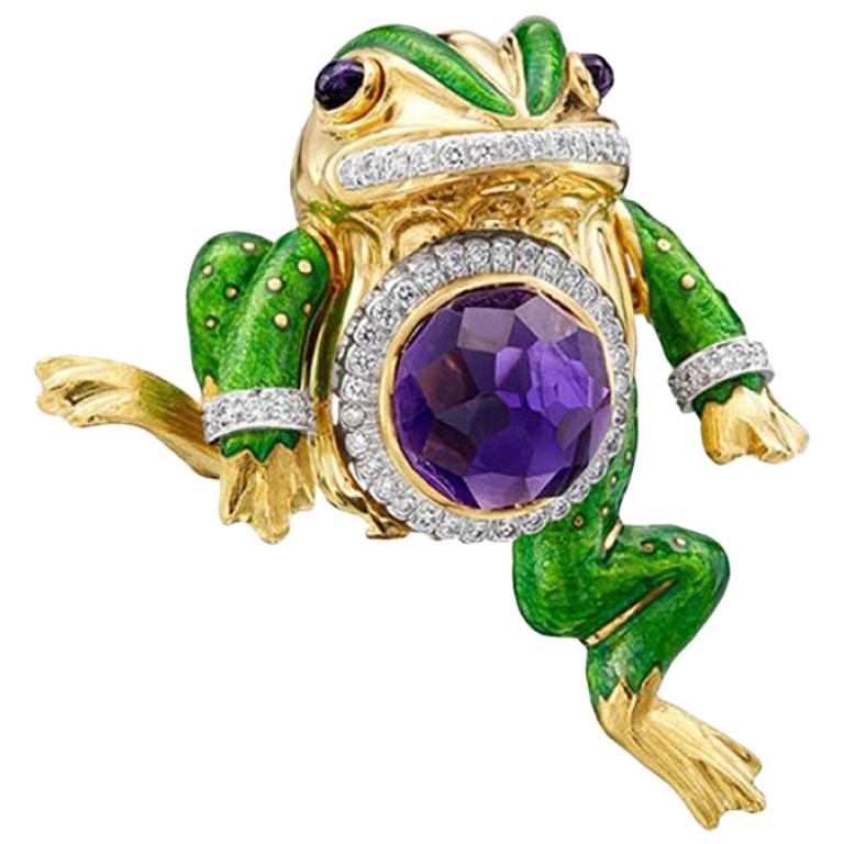 David Webb 18 Karat Gold and Platinum 15.74 Carat Amethyst and Diamond Frog Pin