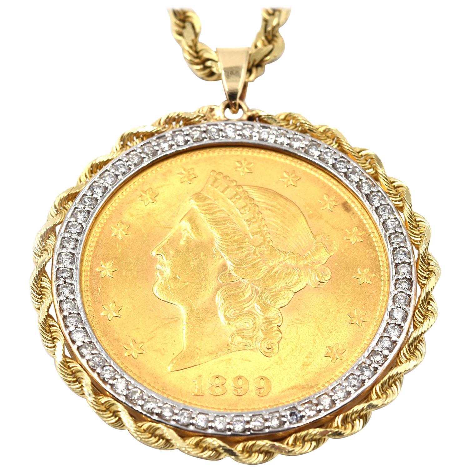 22k YG Liberty Eagle Coin & Diamond Bezel Rope Coin Pendant on 14k YG Rope Chain