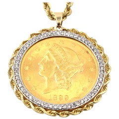 22k YG Liberty Eagle Coin & Diamond Bezel Rope Coin Pendant on 14k YG Rope Chain