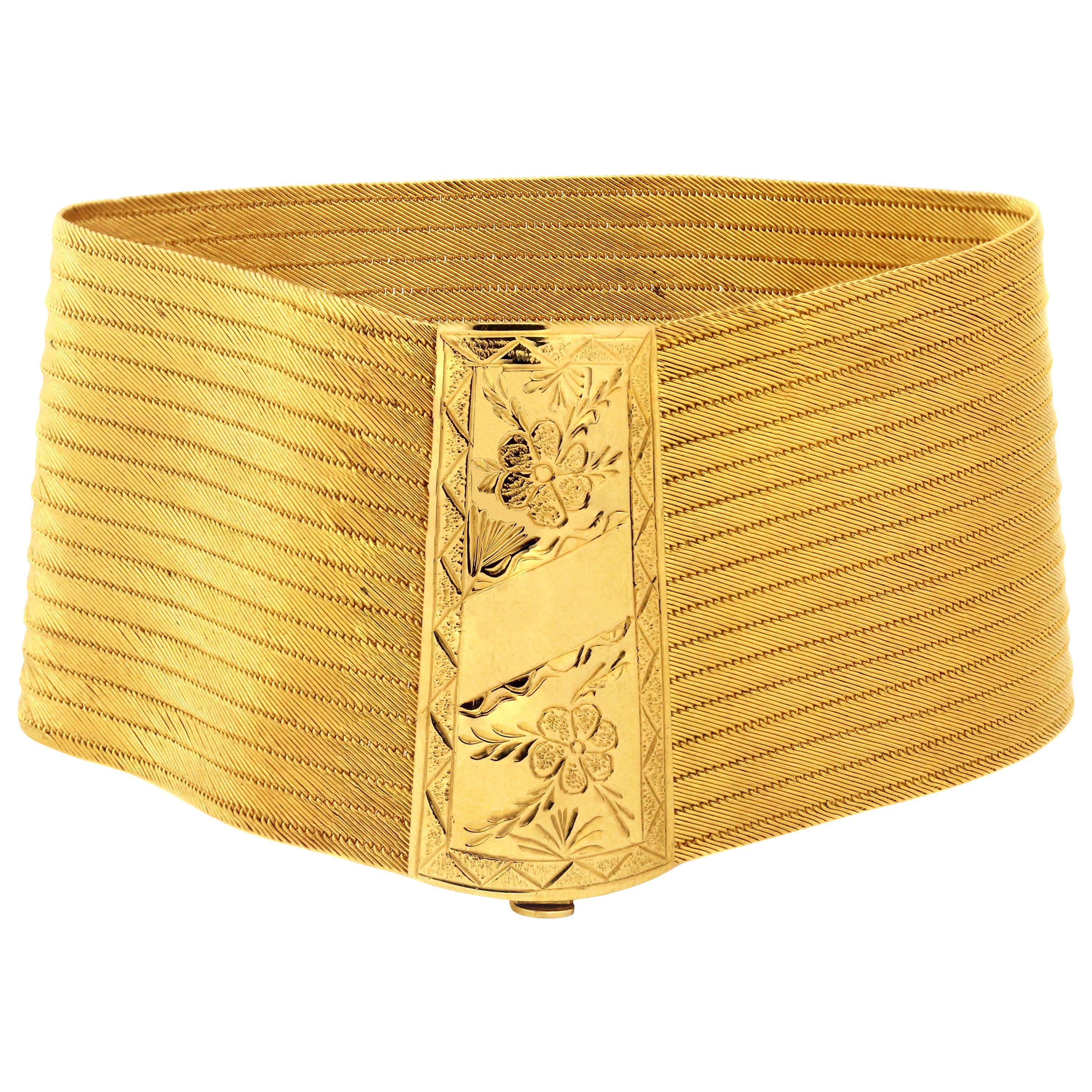 22 Karat Gold Handwoven Engraved Floral Bracelet