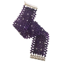Woven Faceted Amethyst Cuff Bracelet with Sterling Silver Clasp and Beads