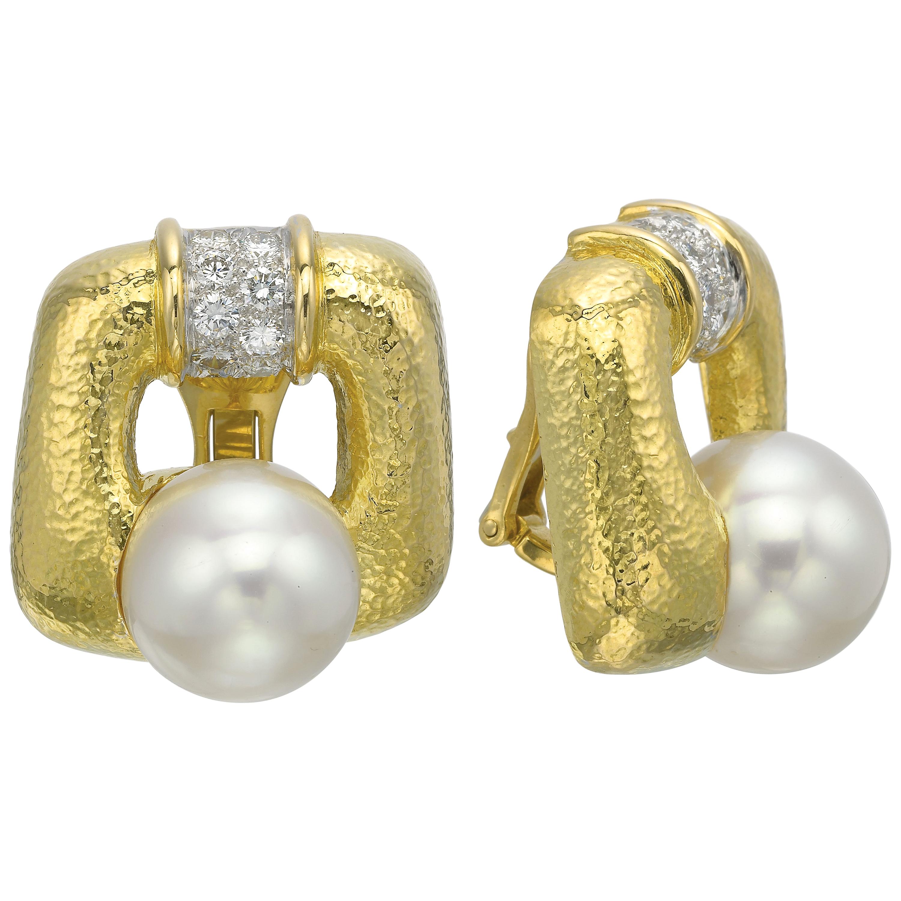 David Webb 18 Karat Yellow Gold and Platinum South Sea Pearl Diamond Earrings
