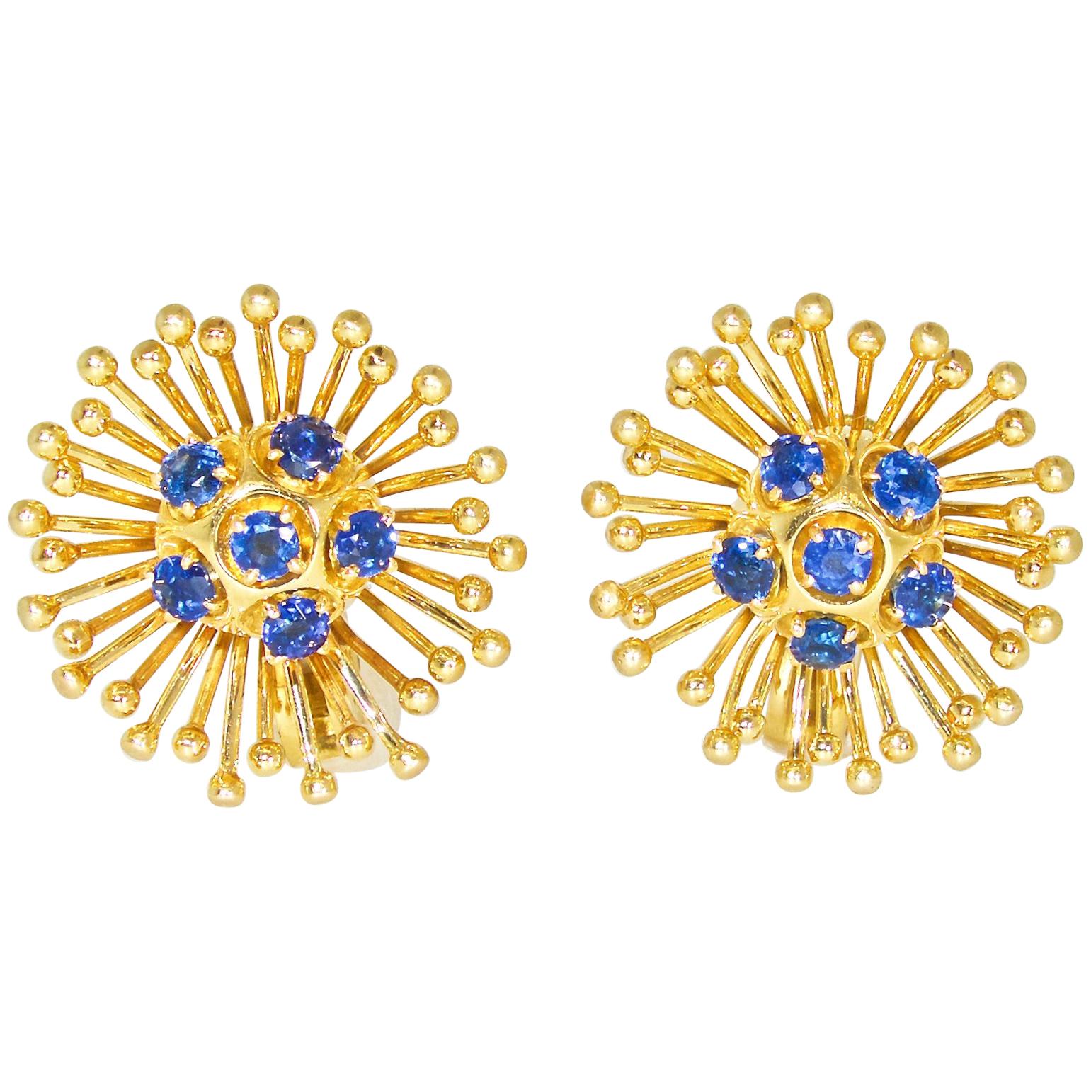 Cartier Retro Style Gold and Sapphire Earrings, circa 1950