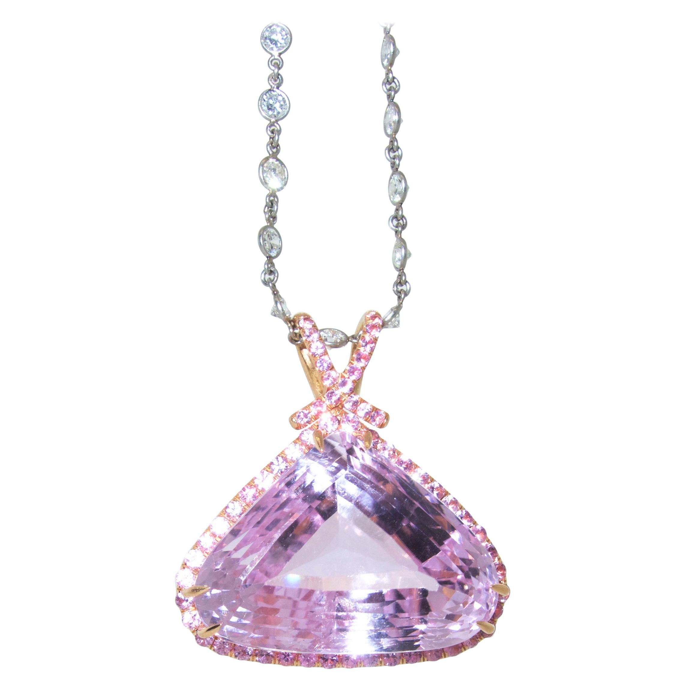 Kunzite and Pink Sapphire and Diamond Pendant-Necklace