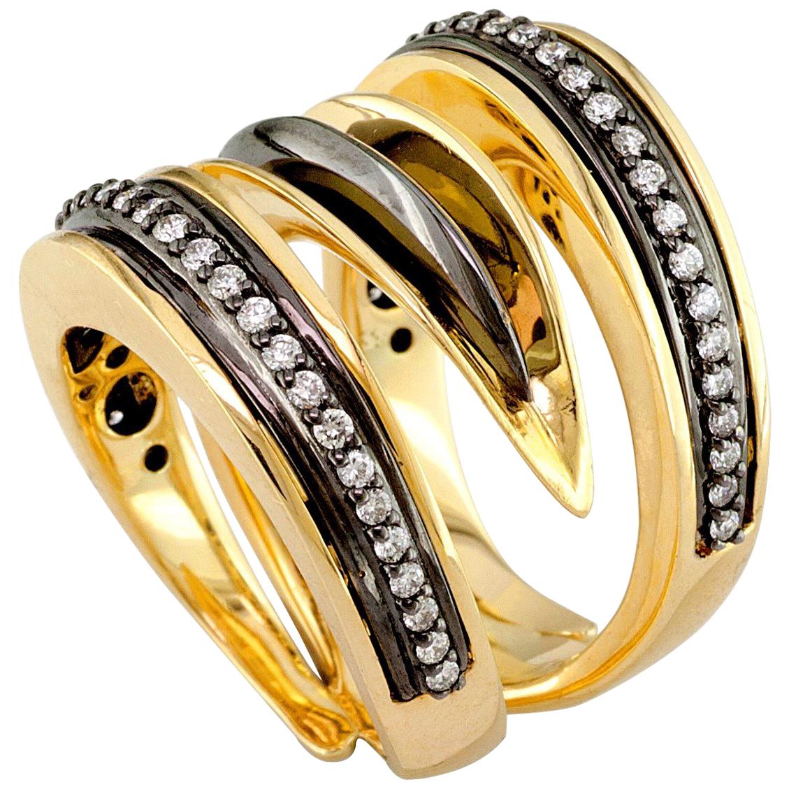 Georgios Collections 18 Karat Yellow Gold Black Rhodium Diamond Wide Band Ring  For Sale