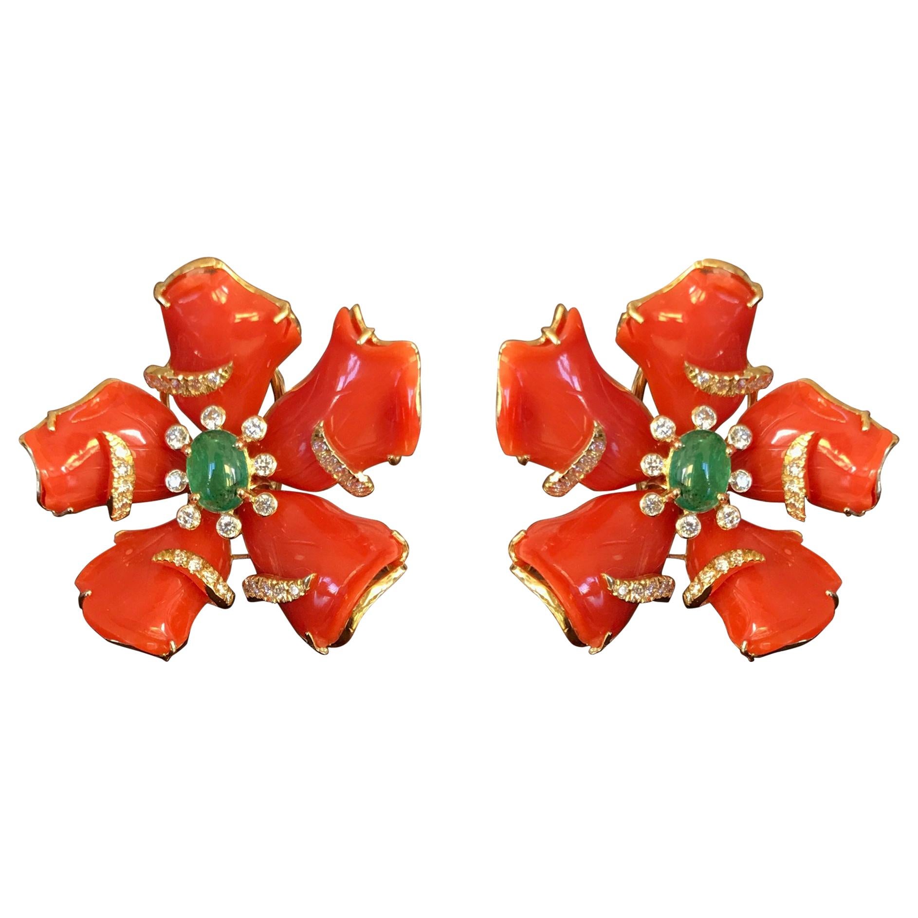 Floral Italian Coral, Emerald 18 Karat Yellow Gold Stud Earrings