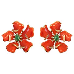 Floral Italian Coral, Emerald 18 Karat Yellow Gold Stud Earrings