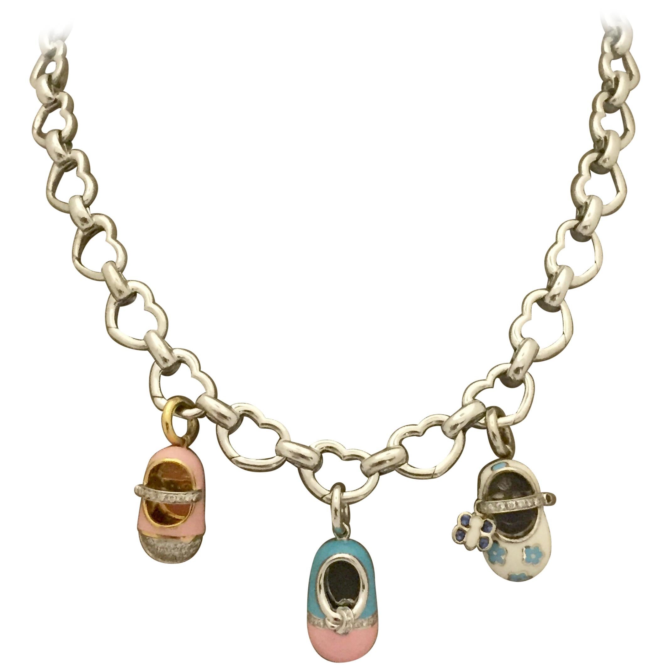 Vintage Aaron Basha Open Heart Necklace or Bracelet with 3 Charms 18 Karat Gold For Sale