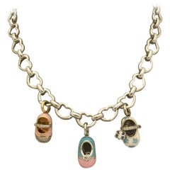 Vintage Aaron Basha Open Heart Necklace or Bracelet with 3 Charms 18 Karat Gold