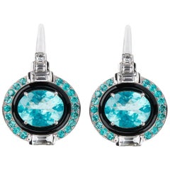 Nikos Koulis 18 Karat White Gold Apatite White Diamond Black Enamel Earrings