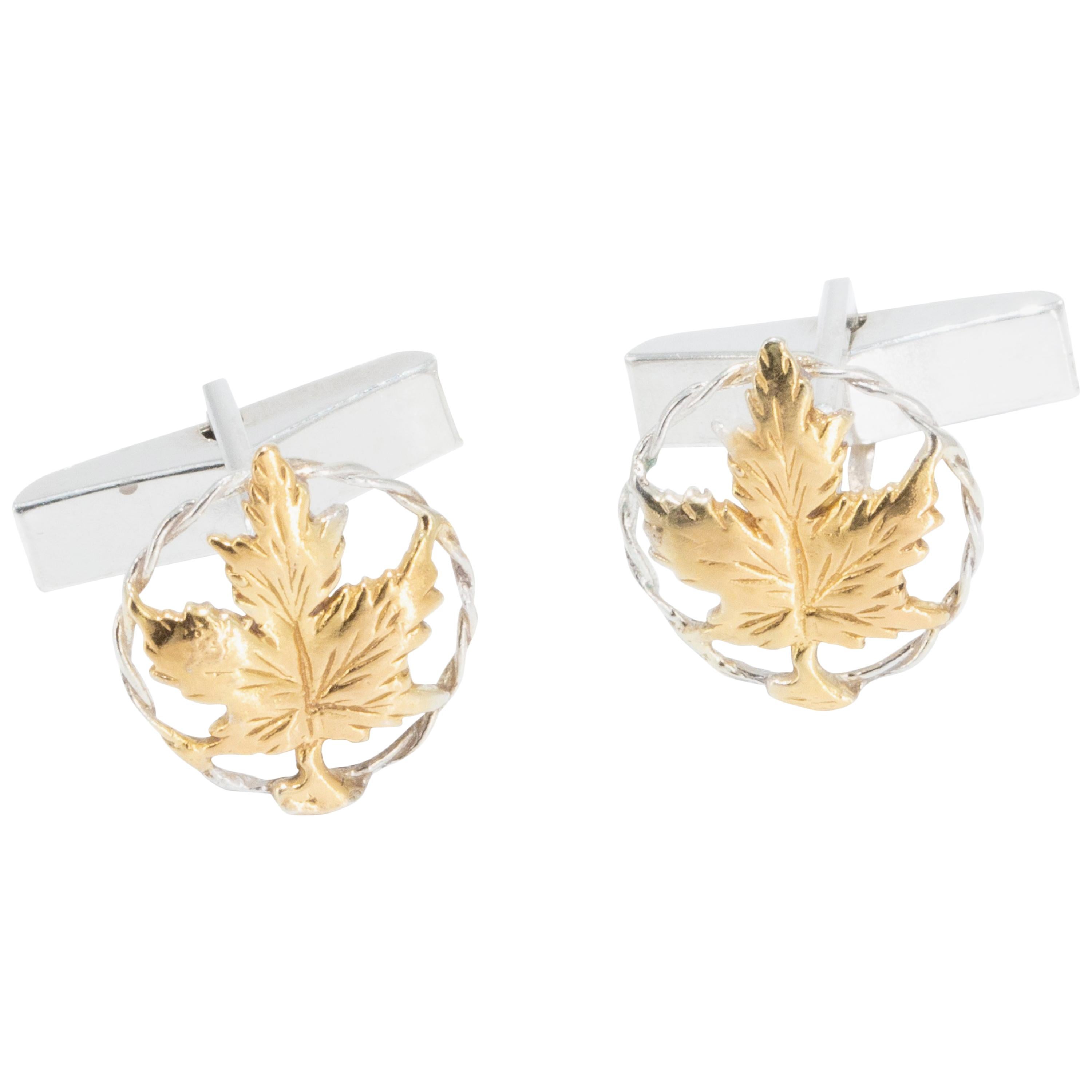 Maple Leaf Cufflinks in 18 Karat Gold on Sterling Silver For Sale