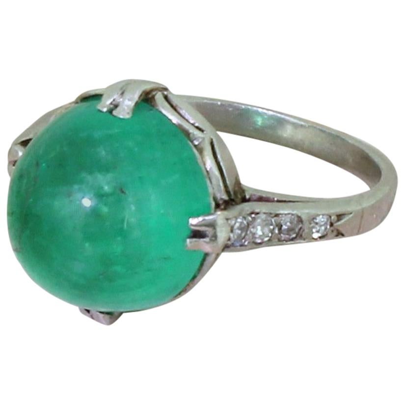 Art Deco 5.69 Carat Colombian Cabochon Emerald Platinum Ring