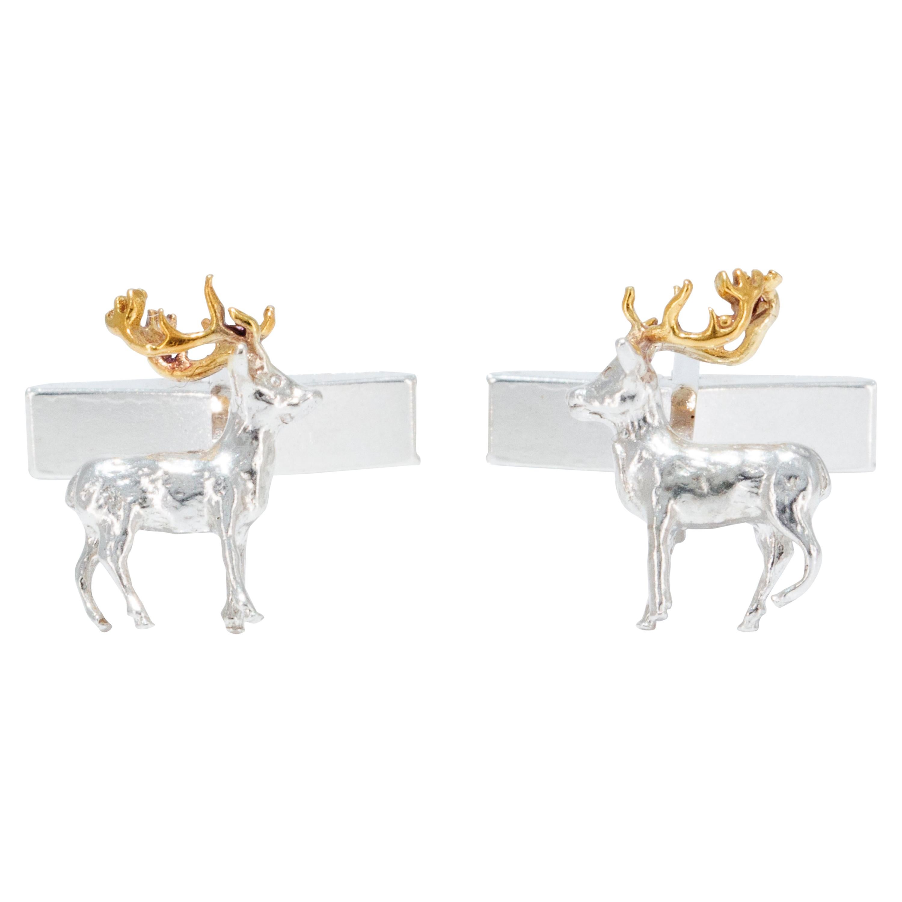 Stag Cufflinks in 18 Karat Gold on Sterling Silver For Sale