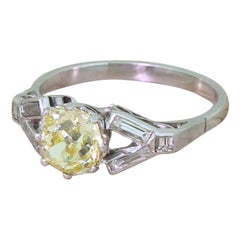 Art Deco 1.18 Carat Fancy Yellow Old Cut Diamond Platinum Engagement Ring
