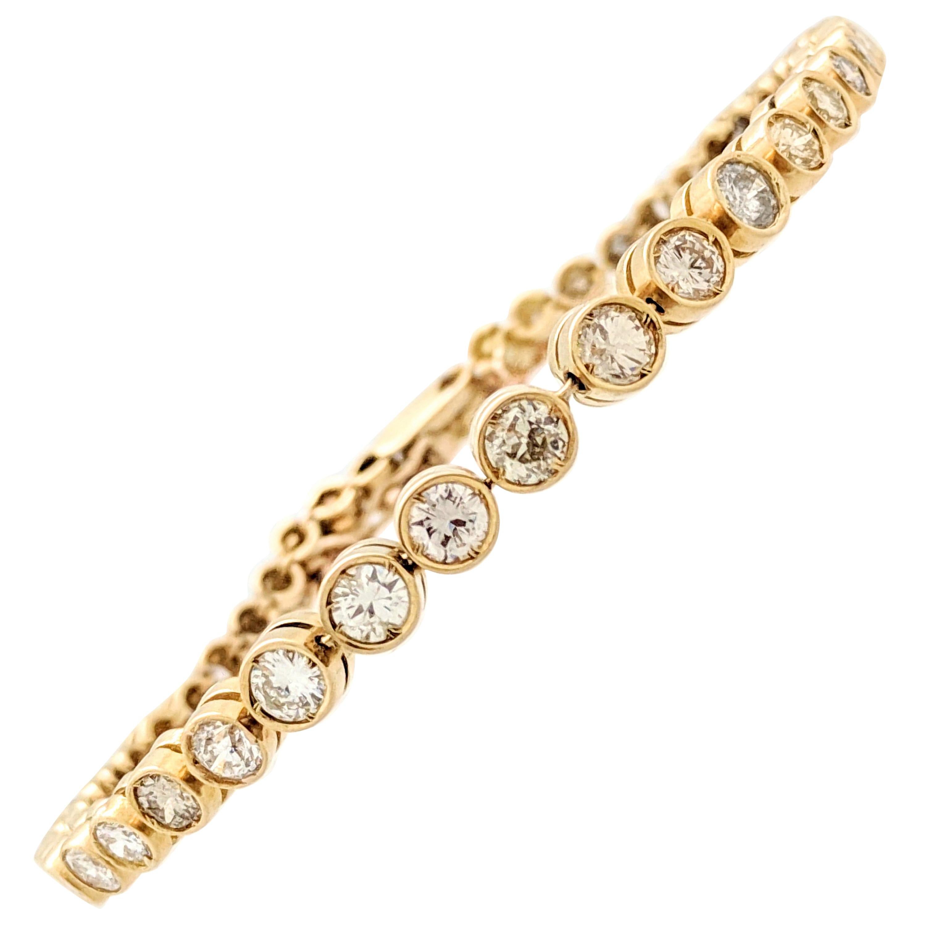 14 Karat Yellow Gold 3.44 Carat Bezel Set Diamond Tennis Bracelet For Sale