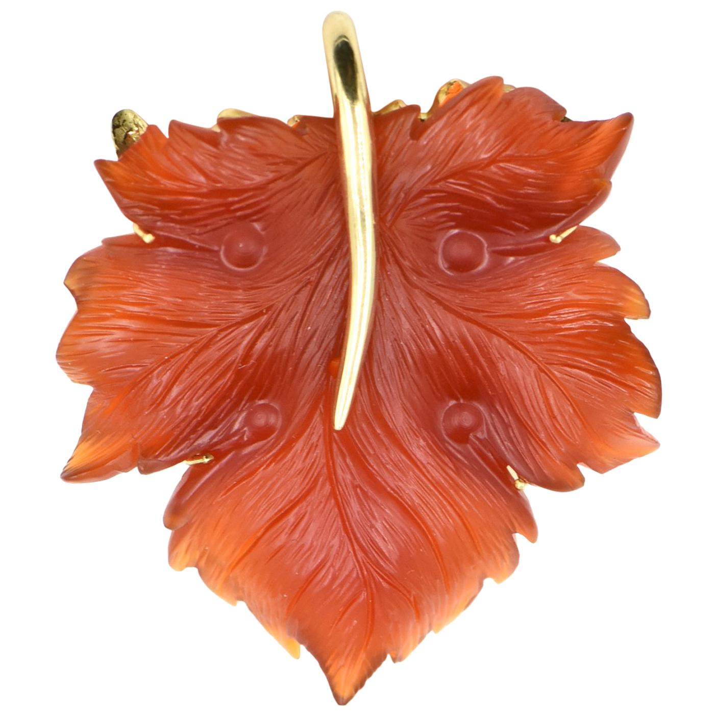 Hand Carved Carnelian Leaf Gold Pendant Brooch by Somos Creations