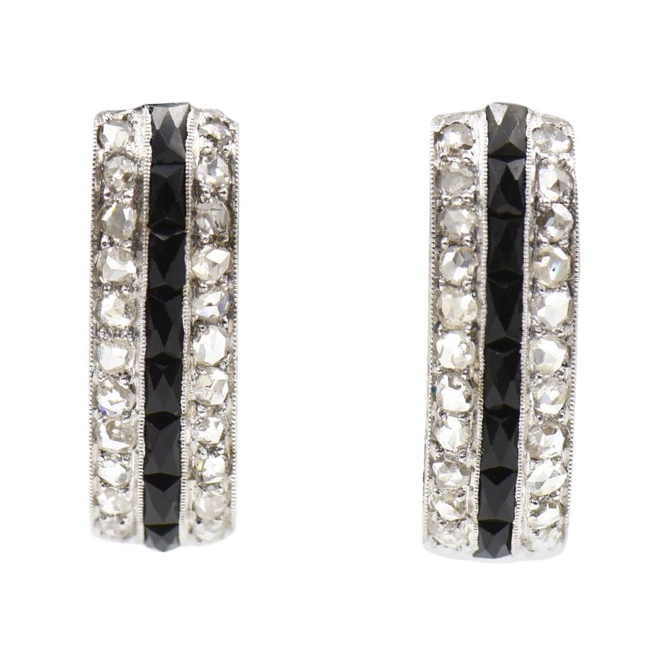 Art Deco Onyx and Diamond Platinum Hoop Earrings