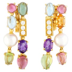 Bulgari Allegra Diamonds Pearl and Multiple Gemstones Yellow Gold Omega Earrings